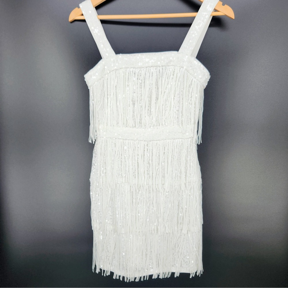 White Sequin Fringe Mini Dress Sleeveless Flapper Style Party Cocktail